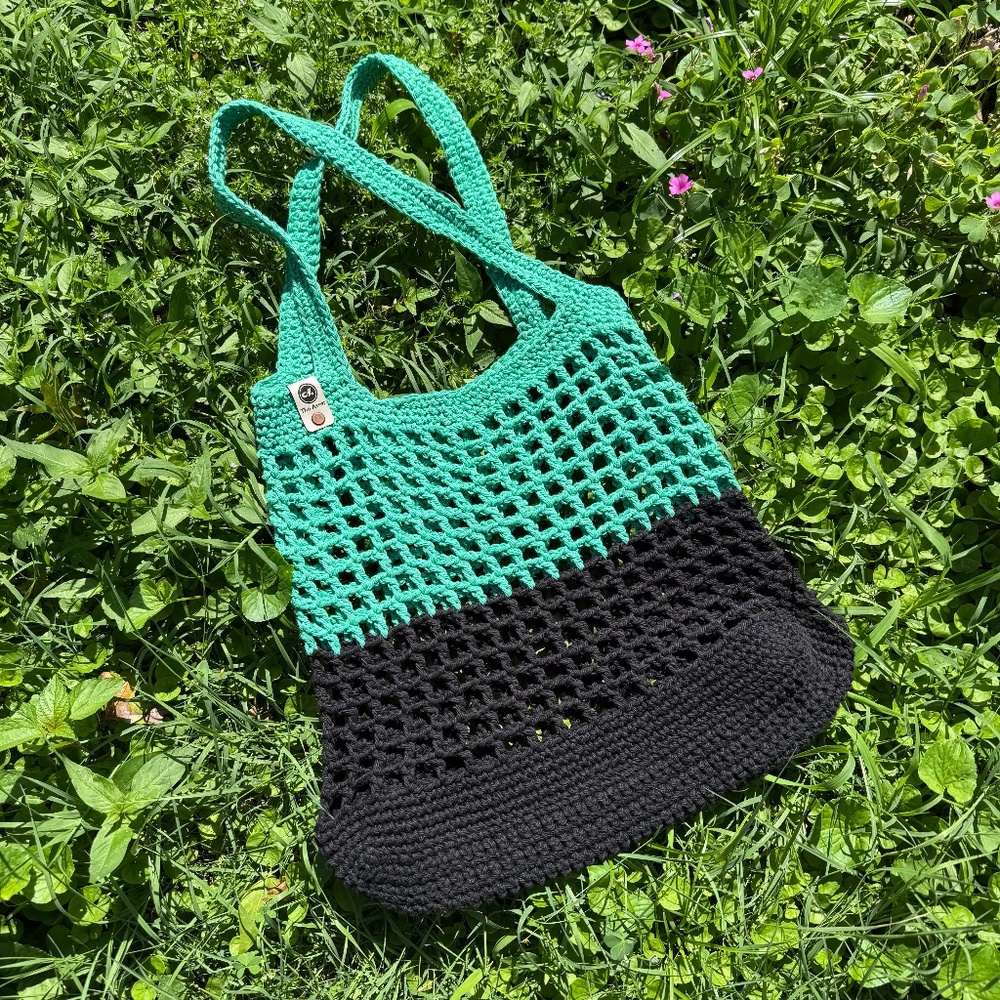 Handmade Crochet Green and Black Market Bag